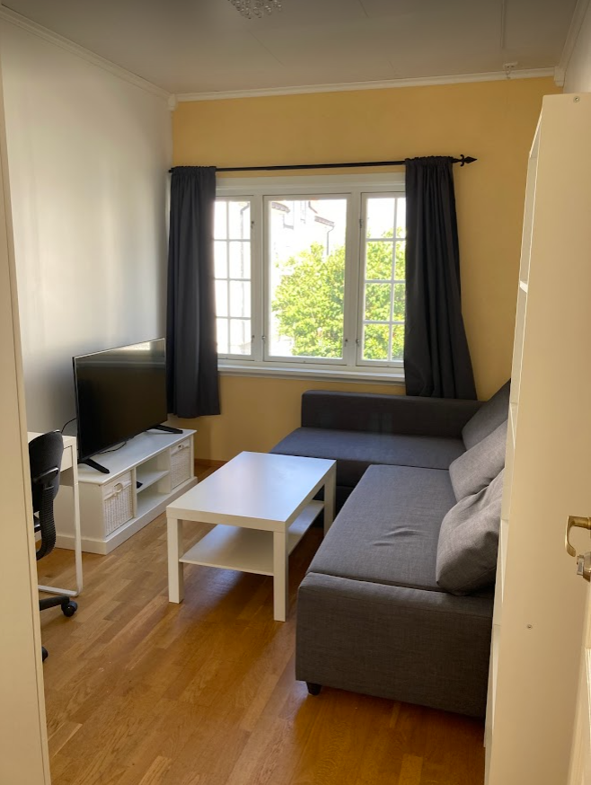 Not available/Utleid: Denne hybelen har en dobbel sovesofa og egen TV, garderobe og arbeidspult. Galleribilde