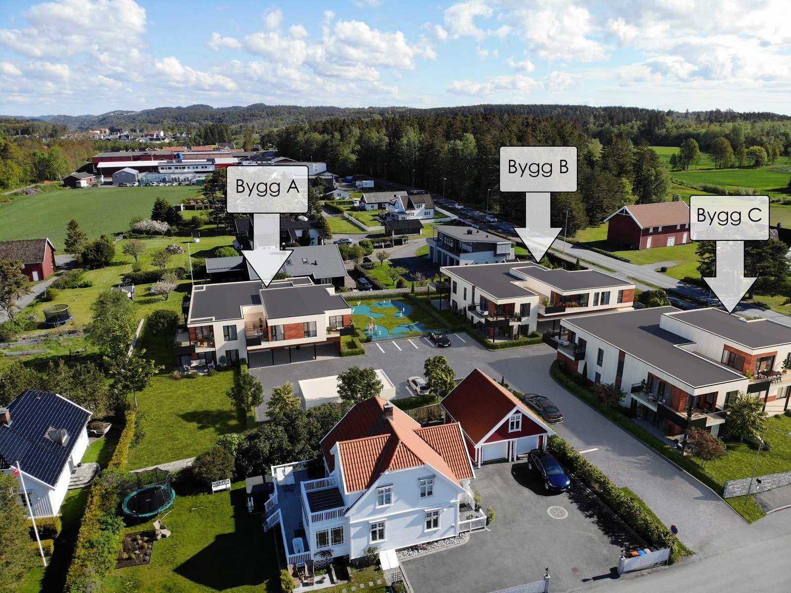 Illustrasjonsbilde av alle 3 byggene. Ledige leiligheter i Bygg B (innerst til høyre i bildet) og Bygg C (til høyre i bildet). Galleribilde