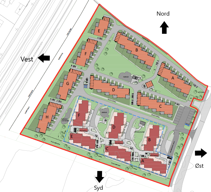 Et utsnitt av utomhusplanen for prosjektet. Her kan du se himmelretningene markert. Galleribilde