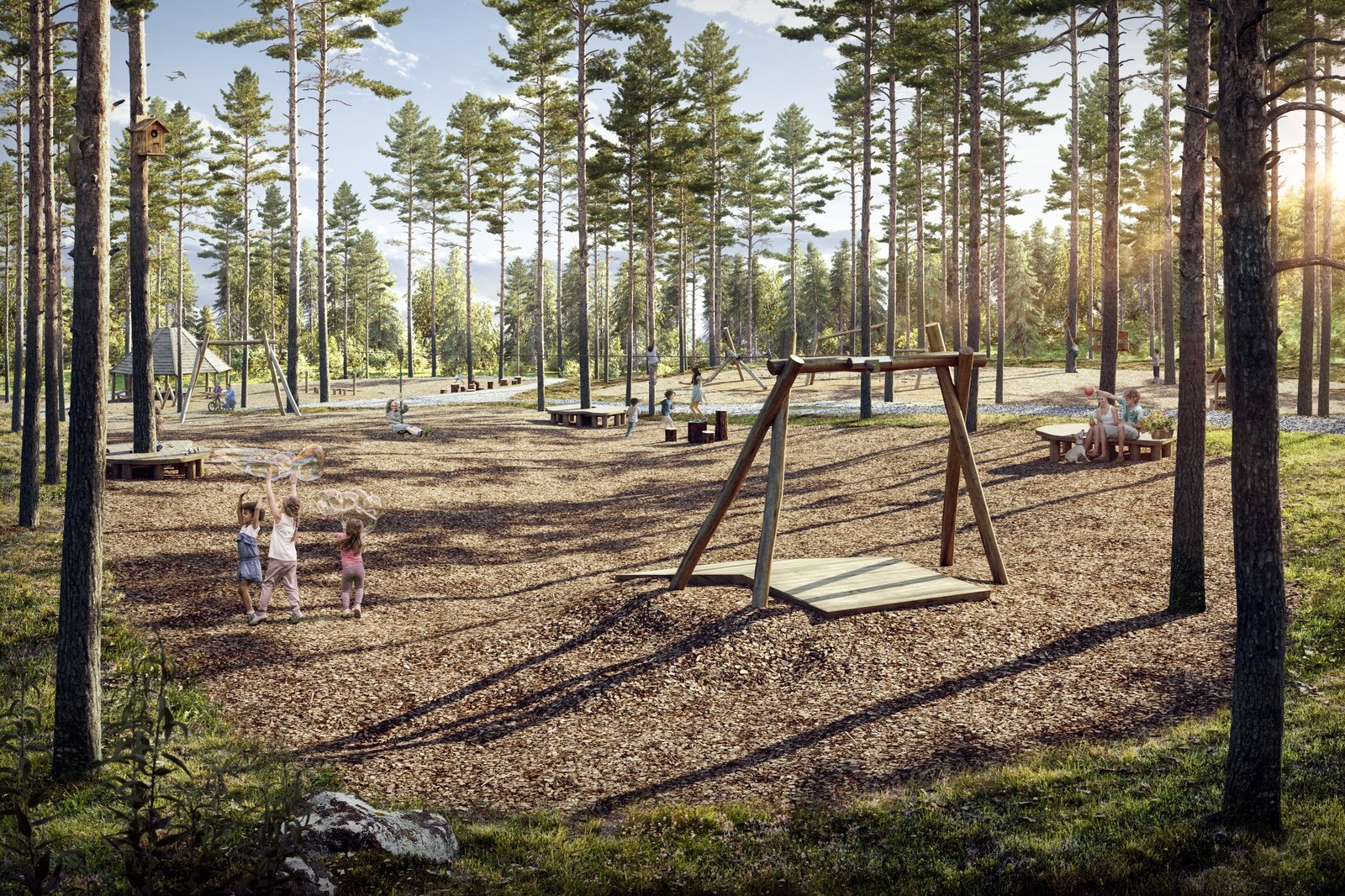 Illustrasjon fremtidige lekeområder i skogholtet mellom delfeltene Galleribilde