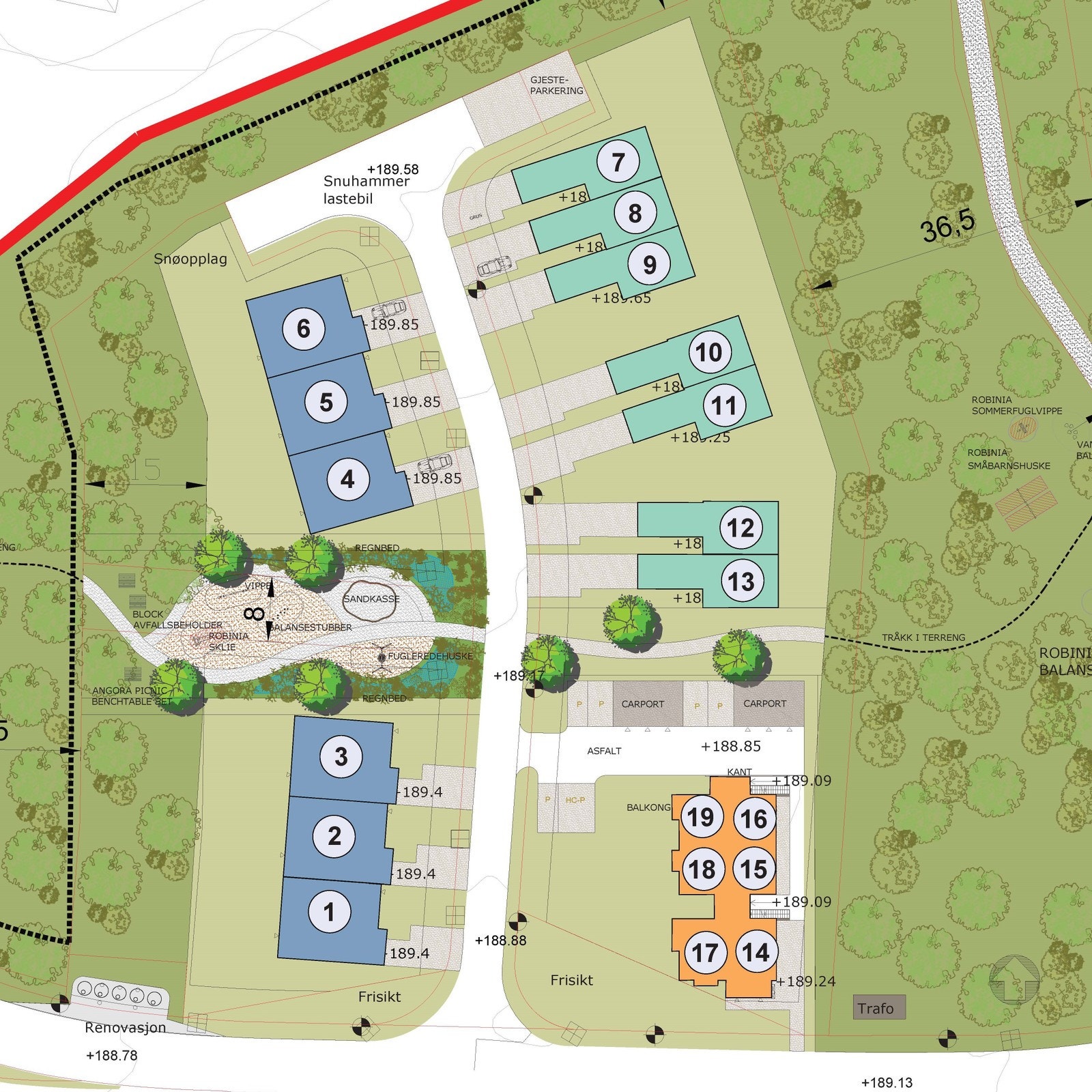 Eneboliger 1-6, Rekkehus/Tomannsbolig 7-13 og leiligheter 14-19. Galleribilde