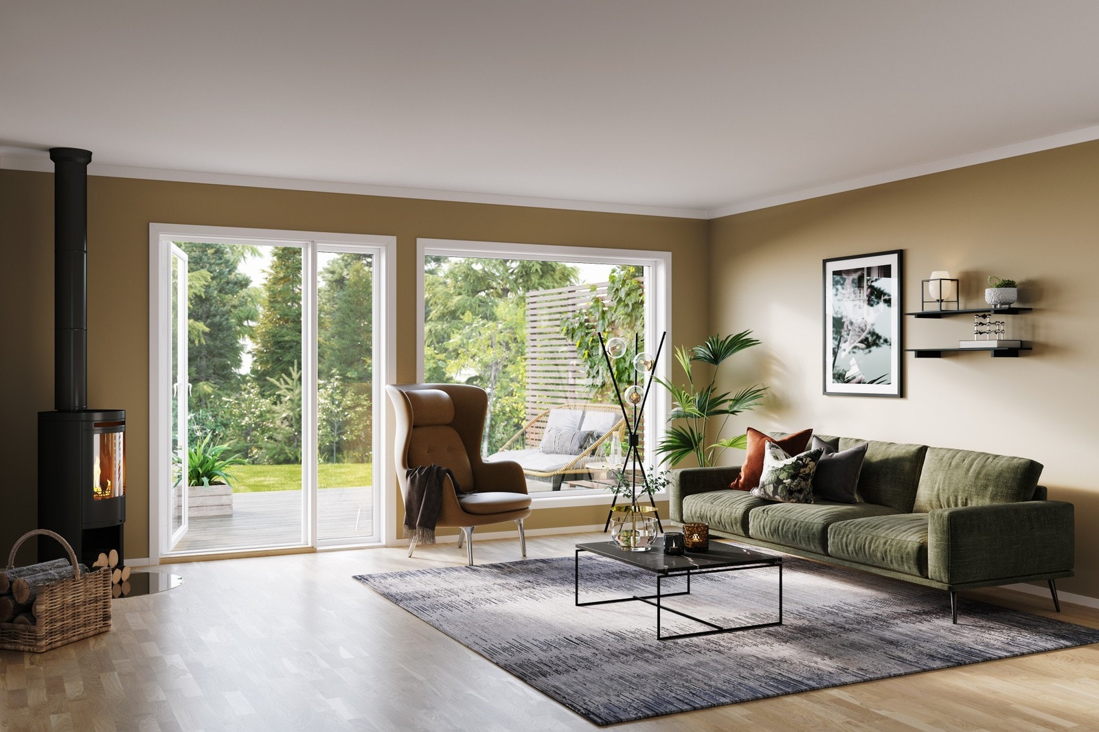 Illustrasjon stue i enebolig Galleribilde