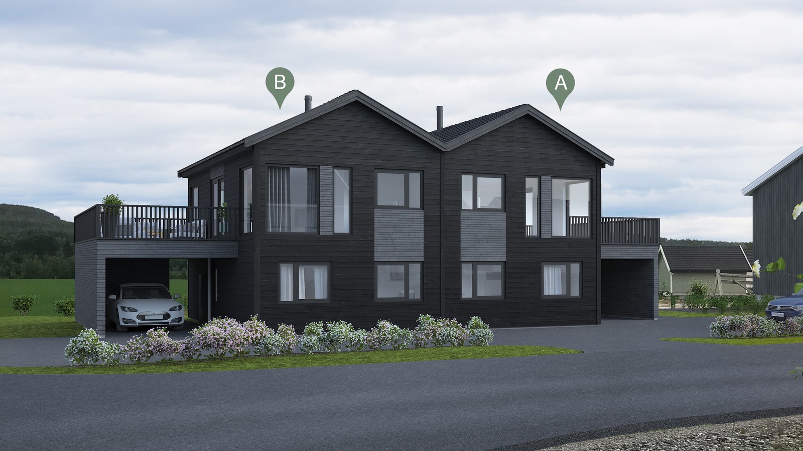 Illustrasjon av boligene, bolig B til venstre. Avvik kan forekomme. Galleribilde