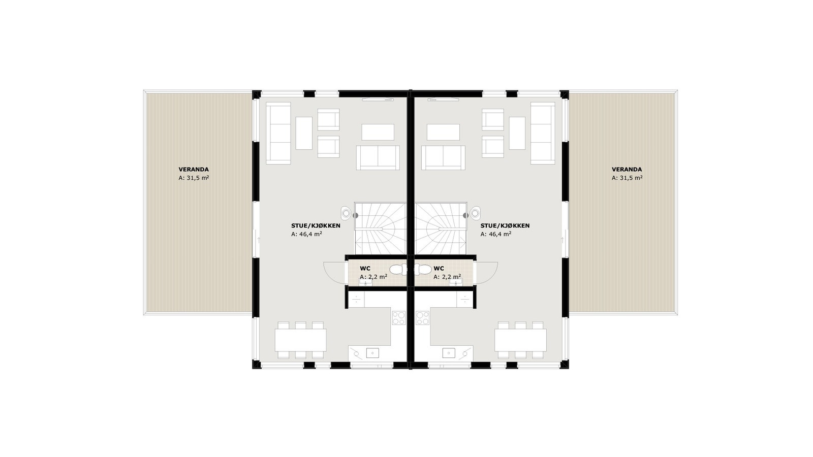 Plan 2. etasje. Enhet B til venstre. Galleribilde