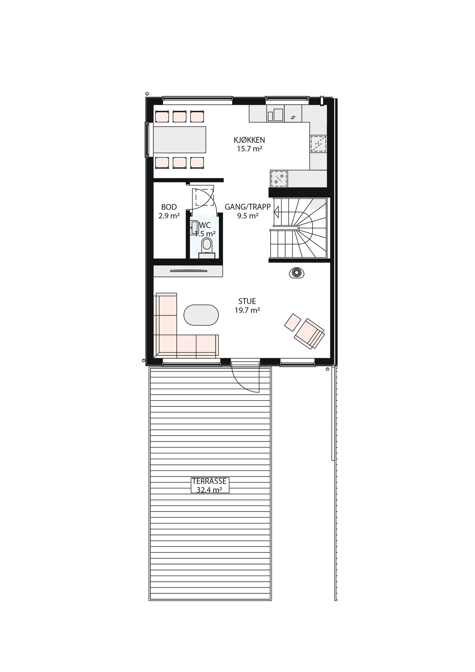 Stort kjøkken med panoramavindu fra spiseplass og stue med utgang til stor terrasse. Galleribilde