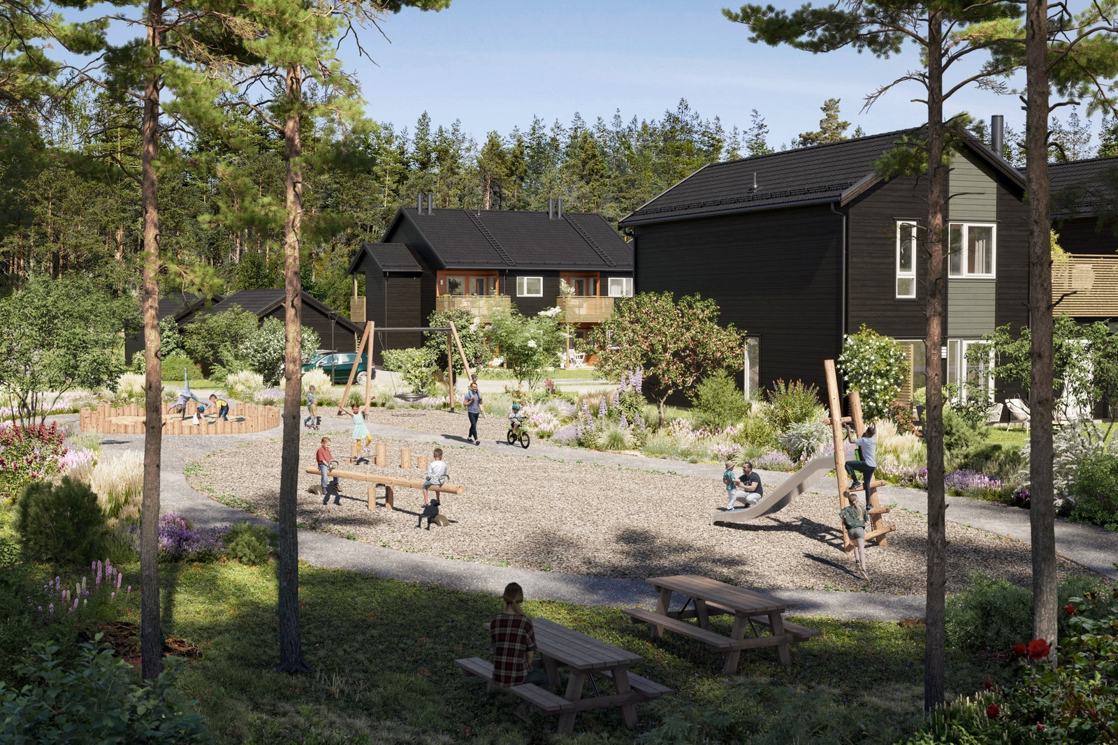 Fra terrassen har man god oversikt over lekeplassen Galleribilde
