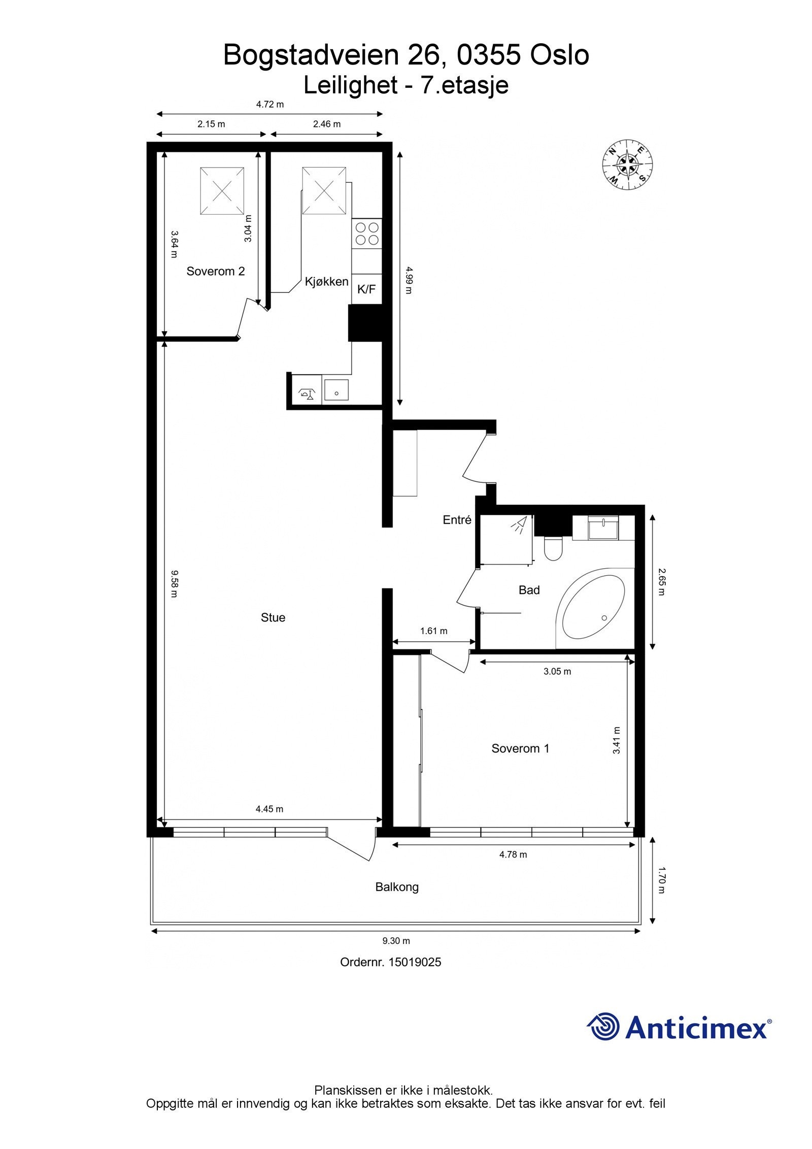 Plantegning med mål og kompass. Galleribilde