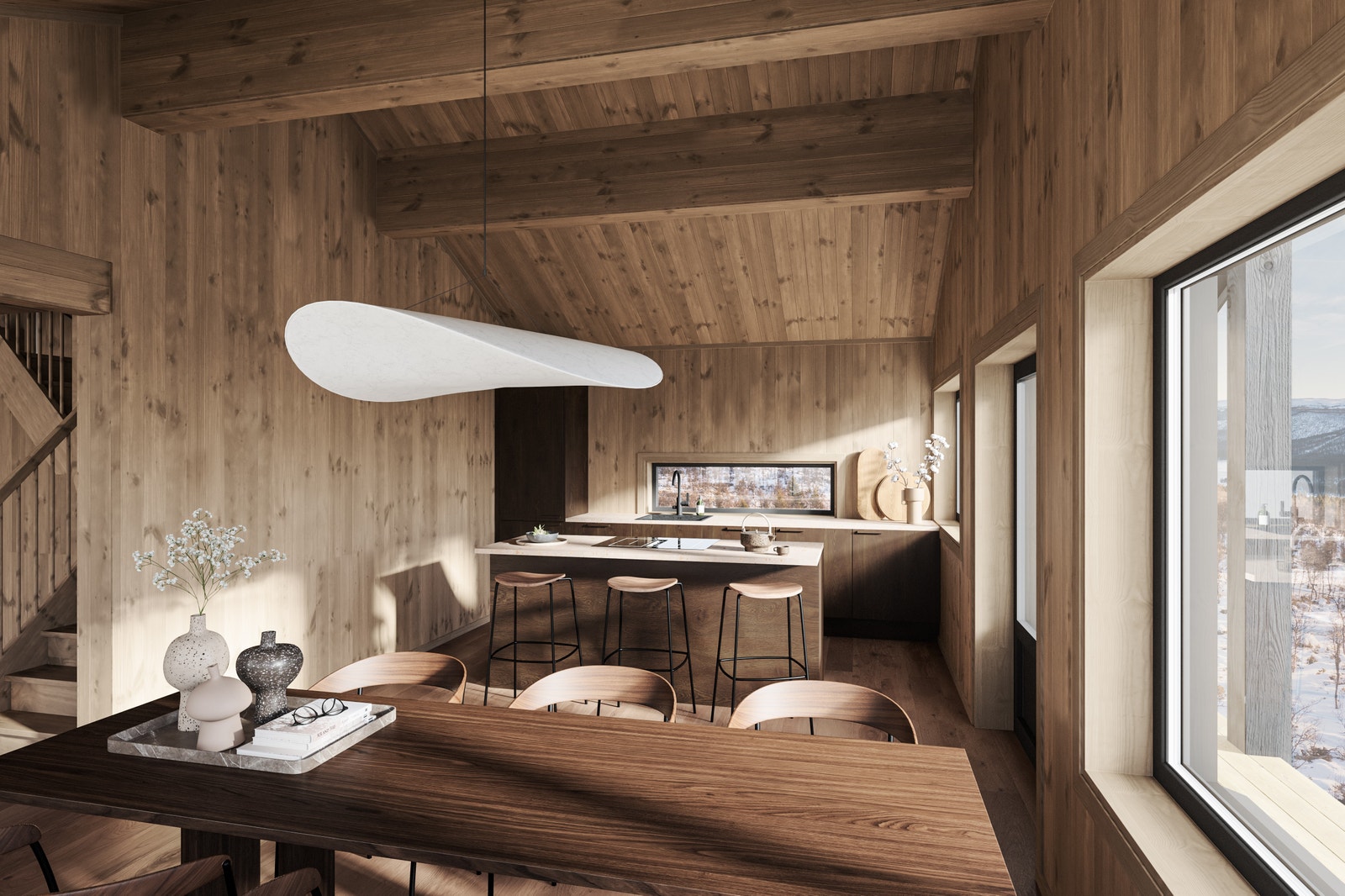 Det er lagt stor vekt på å velge materialer og kvaliteter med høy slitestyrke og et pent og tidløst uttrykk. (Bilde fra en annen hyttemodell i samme prosjekt) Galleribilde