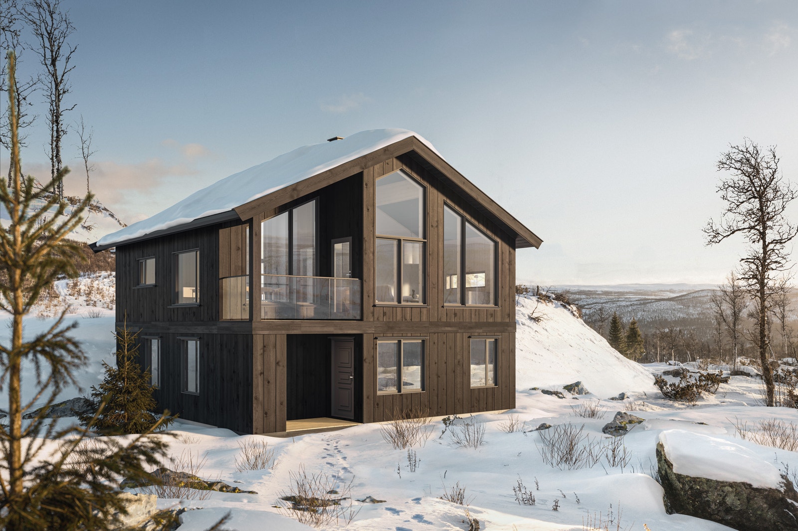 I hyttemodellen er det lagt stor vekt på de sosiale rommene. Med en romslig stueløsning i øverste plan får du storslagen utsikt. Galleribilde