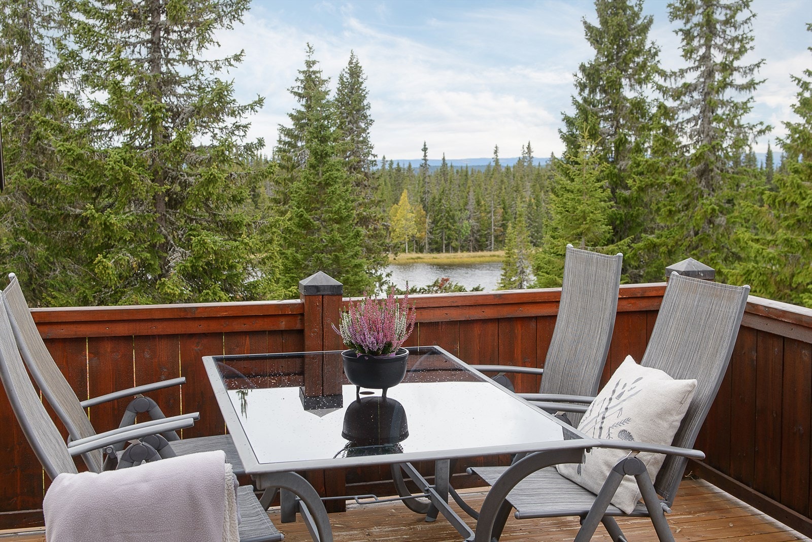 Fin utsikt ned til Nybutjern fra terrassen. Et oppdemmet lite vann med i kort gangavstand fra hytta. Galleribilde