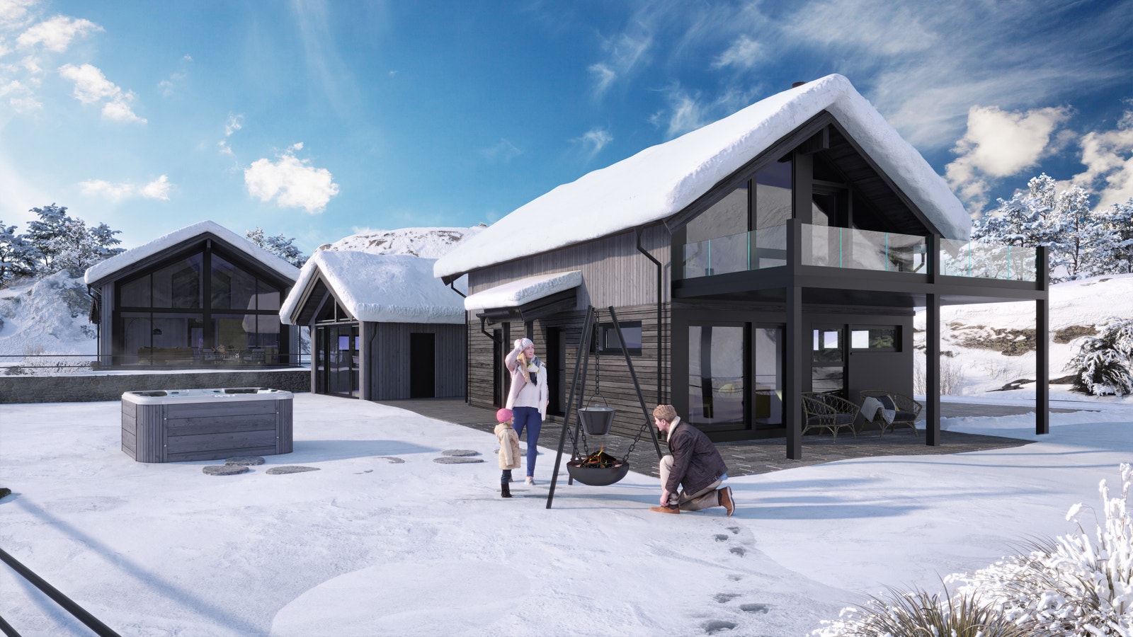 FALKEFJELL C er en arkitekttegnet hytte med stue, kjøkken, bad, soverom oppe.
VI BYGGER OGSÅ GJERNE PÅ DIN TOMT.
Hytten har også en stor balkong oppe med glassrekkverk.
Det er også mulig å kjøpe en egen garasje/gjesteanneks som tilvalg.
Dette er et bilde Galleribilde