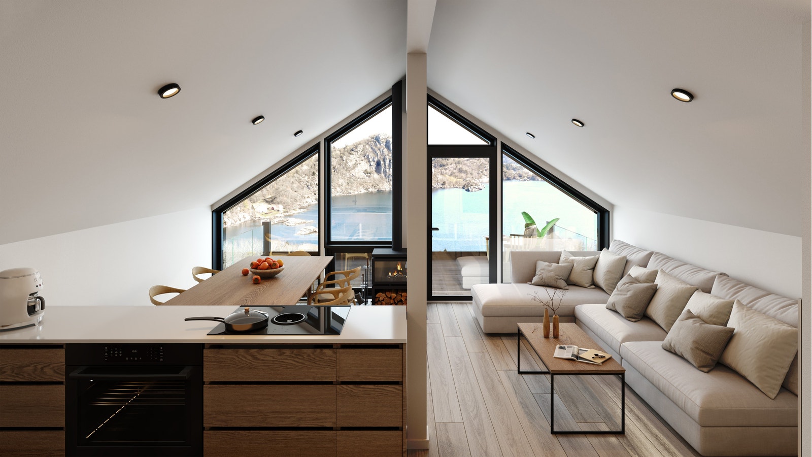 Denne hytten, Havbris modell C, har stue og kjøkken oppe. Med store panoramavinduer, og glassdør ut. Dette for å få en maksimal utsikt og flotte lysforhold. Det er også derfor vår arkitekt har tegnet den romslige balkongen med glassrekkverk. Bildet inneh Galleribilde