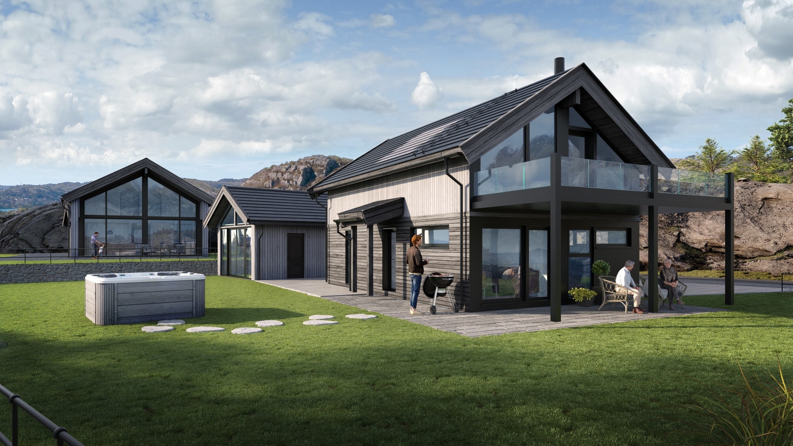 Denne hytten, Havbris modell C, har stue og kjøkken oppe. Dette for å få en maksimal utsikt. Det er også derfor vår arkitekt har tegnet den romslige balkongen med glassrekkverk.
Bildet innehold tilvalg, bl.a. garasjen med en gjesteavdeling foran. Galleribilde