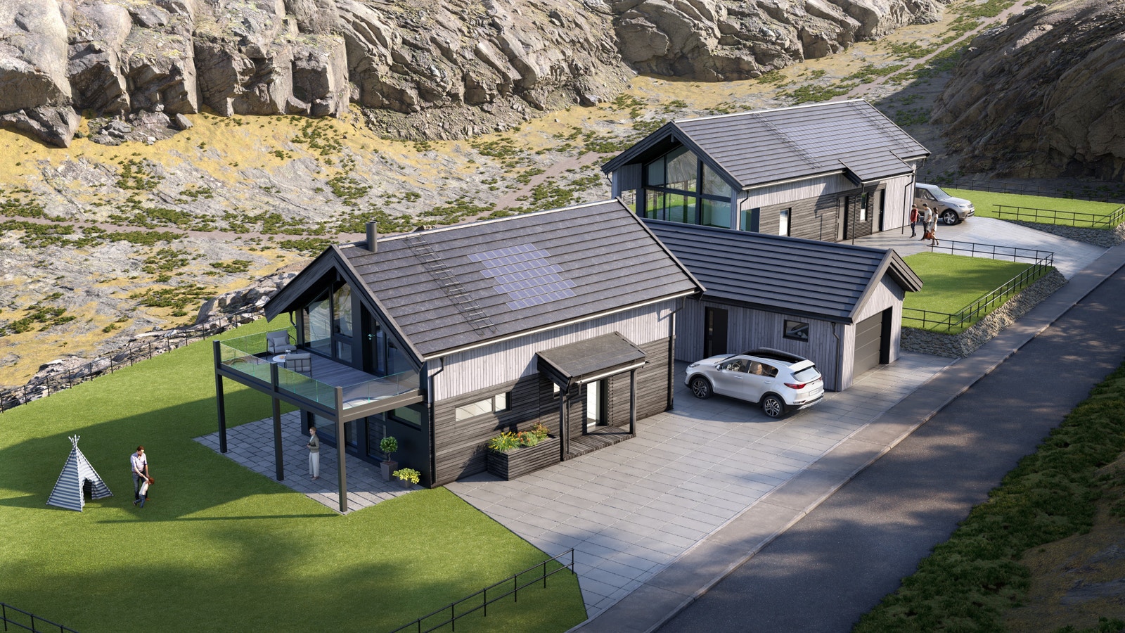 ARKITEKTTEGNET HYTTE. Her er det mulig å skape sitt eget unike hyttetun.
NB Fjellbakgrunnen her er ikke fra tomtene. Det er trær og vegetasjon rundt disse tomtene i Sørlandsviga Farsund.
Bildet innehold tilvalg, bl.a. garasjen med en gjesteavdeling foran Galleribilde