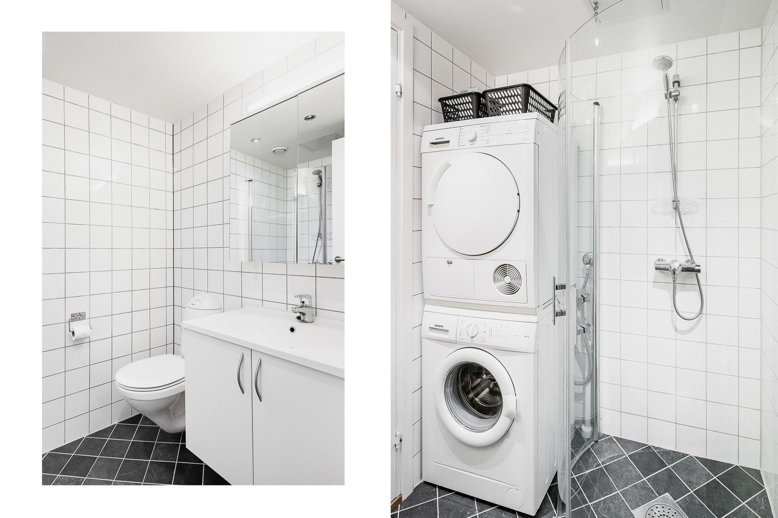 Bad i hovedetasjen med god plass til vaskesøyle. Vaskemaskin og tørketrommel medfølger. Galleribilde