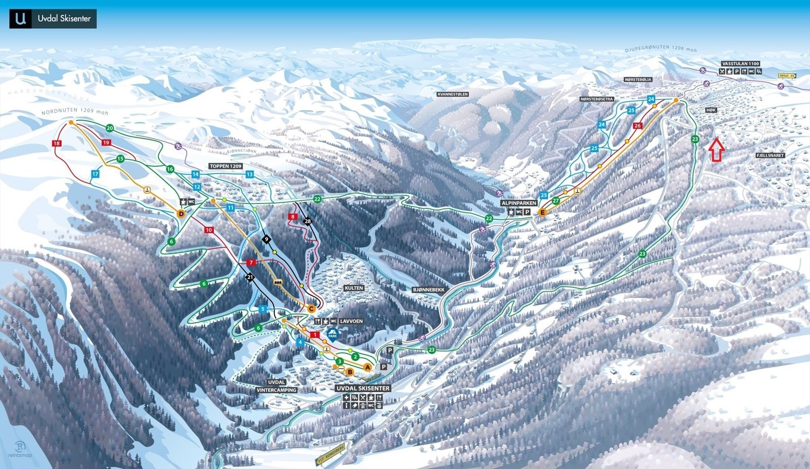 - Finn den perfekte løypen i Uvdals skisenter. Et ypperlig valg om du setter pris på god plass og flyt i skiopplevelsen. Tomten ligger ved markert pil - Galleribilde