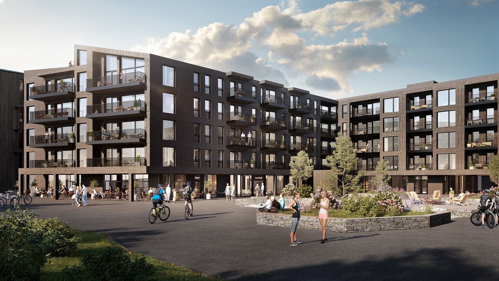 Fjellandsbyen er planlagt bestående av hyggelig torg med restauranter og butikk. Illustrasjon Galleribilde