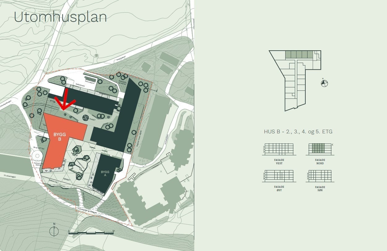 Situasjonsplan med planlagt bebyggelse. Leiligheten er markert med pil. Galleribilde