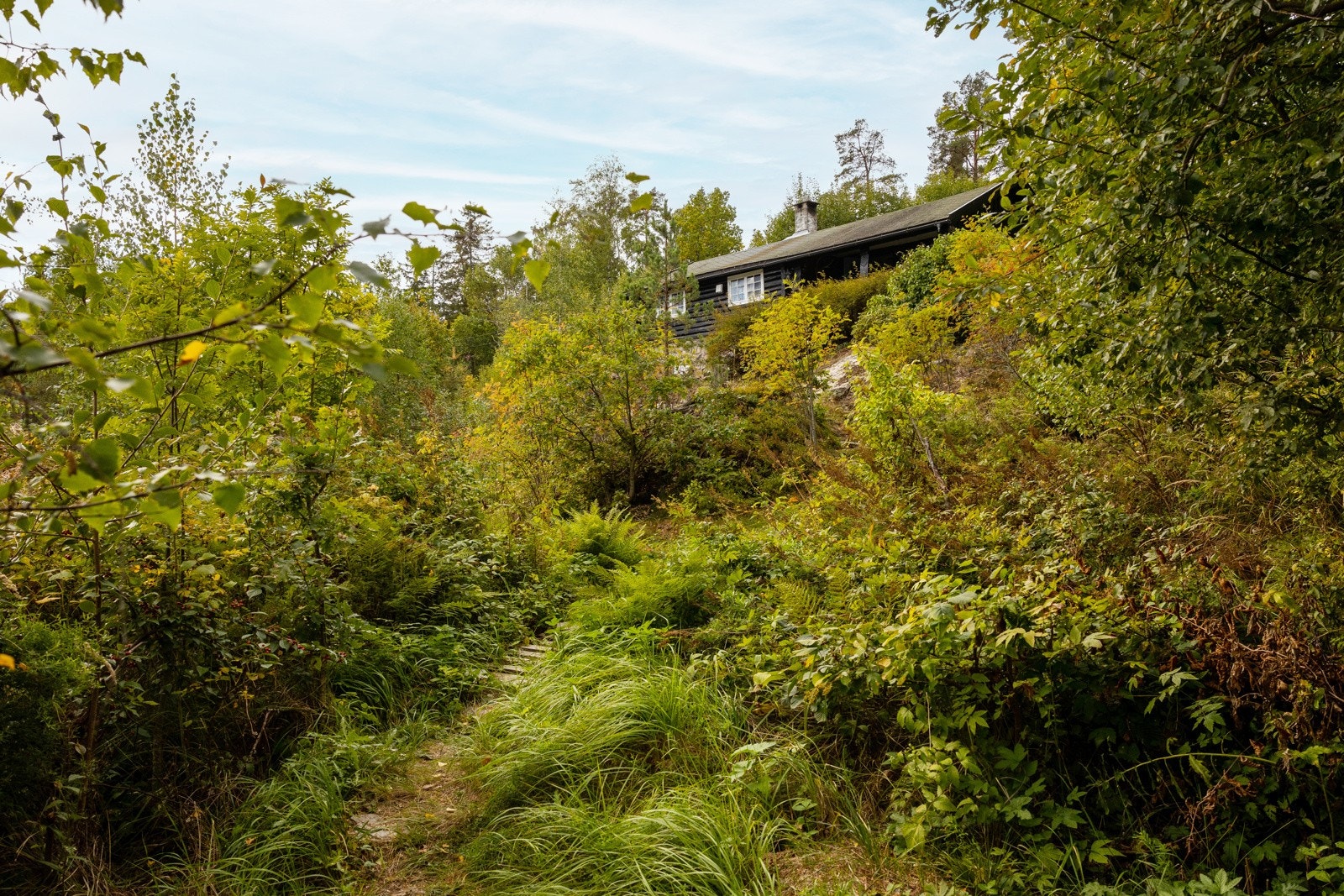 Skjermet og tilbaketrukket, omkranset av grønn og frodig beplantning. Galleribilde