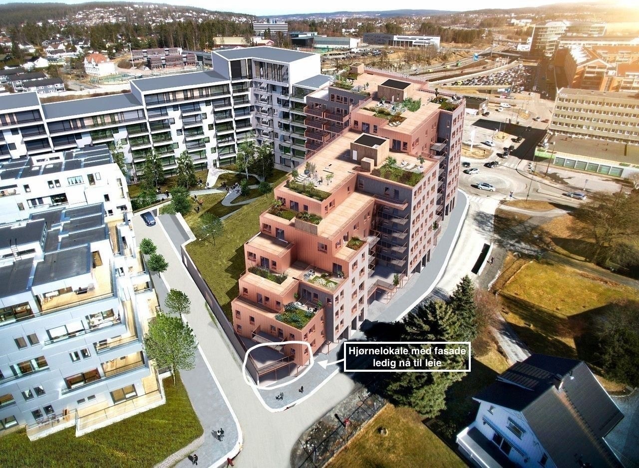 Illustrasjon - hjørnelokalet sentergården med fasade - fugleperspektiv venstre Galleribilde
