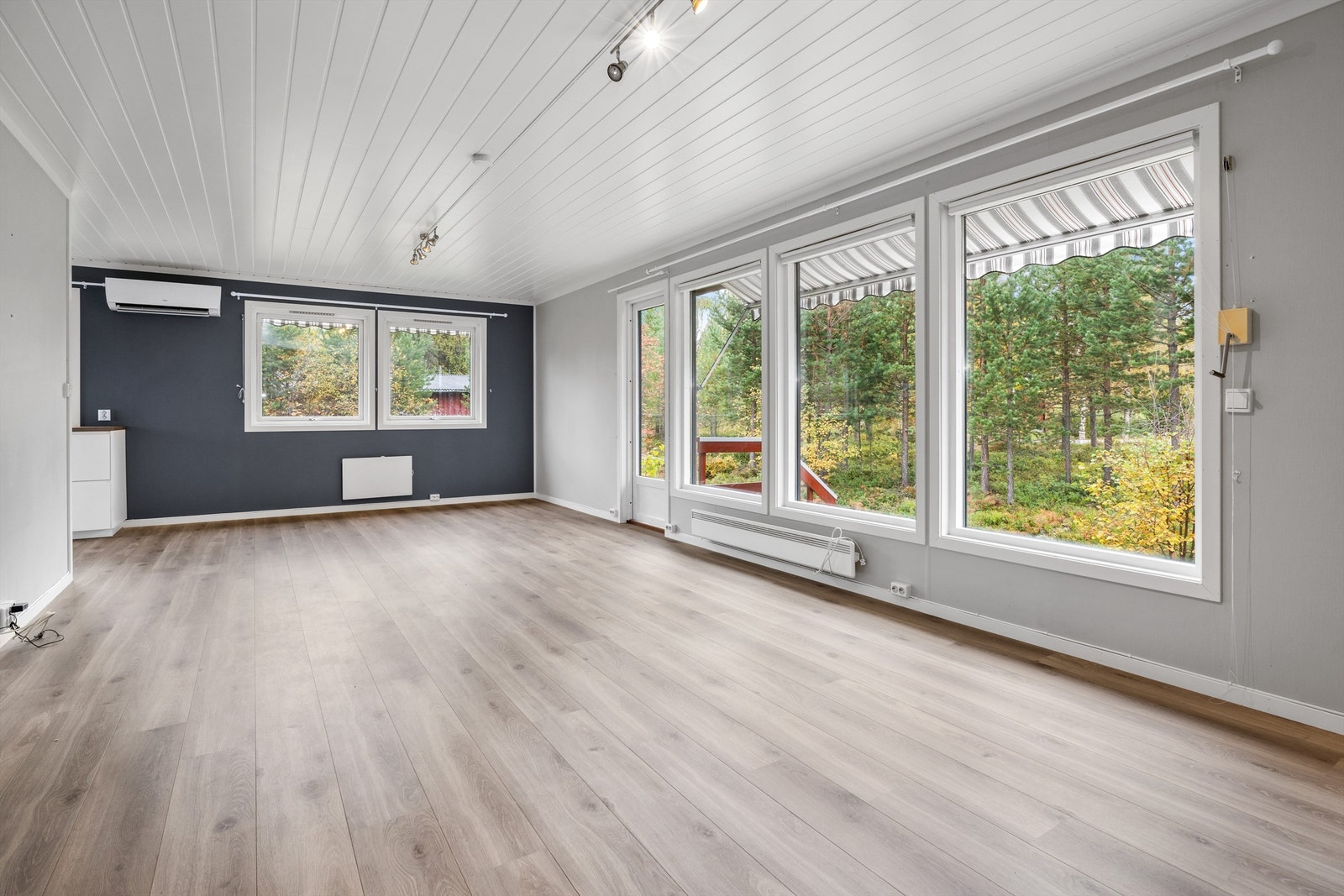 Stue. Varmepumpe og vedovn. Galleribilde