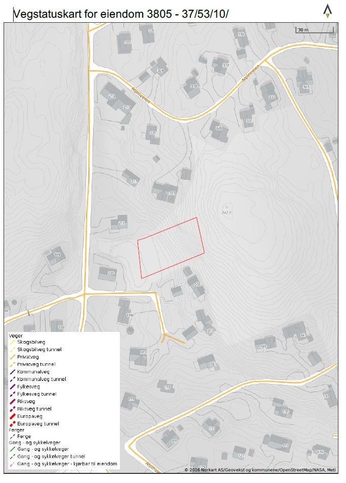 Vegstatuskart for området - Det er per dags dato ikke etablert kjøreadkomst til eiendommen. Adkomst skjer for øvrig via private veier. Galleribilde