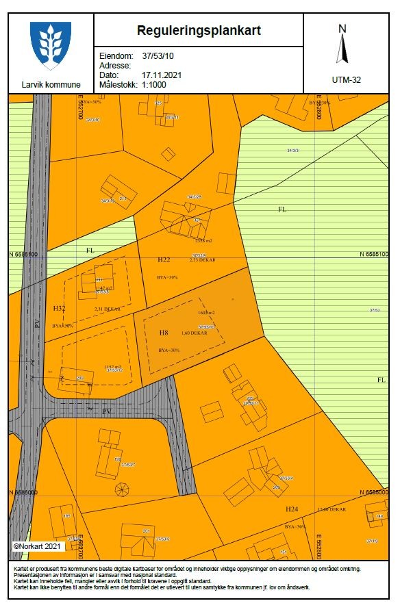 Reguleringsplankart - Tomten er regulert til fritidsbebyggelse og grenser til områder regulert til fritidsbebyggelse, privat veg og friluftsområder. Galleribilde