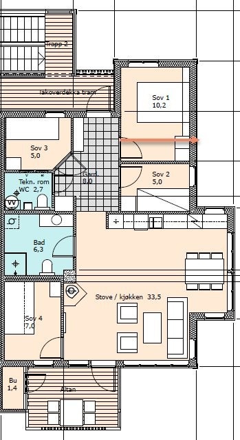 Plantegning: Pil viser ca. hvor veggen blei flyttet under bygging mellom hoved soverom og soverom 2. Soverom 2 er nå ca. 7 m2. Galleribilde