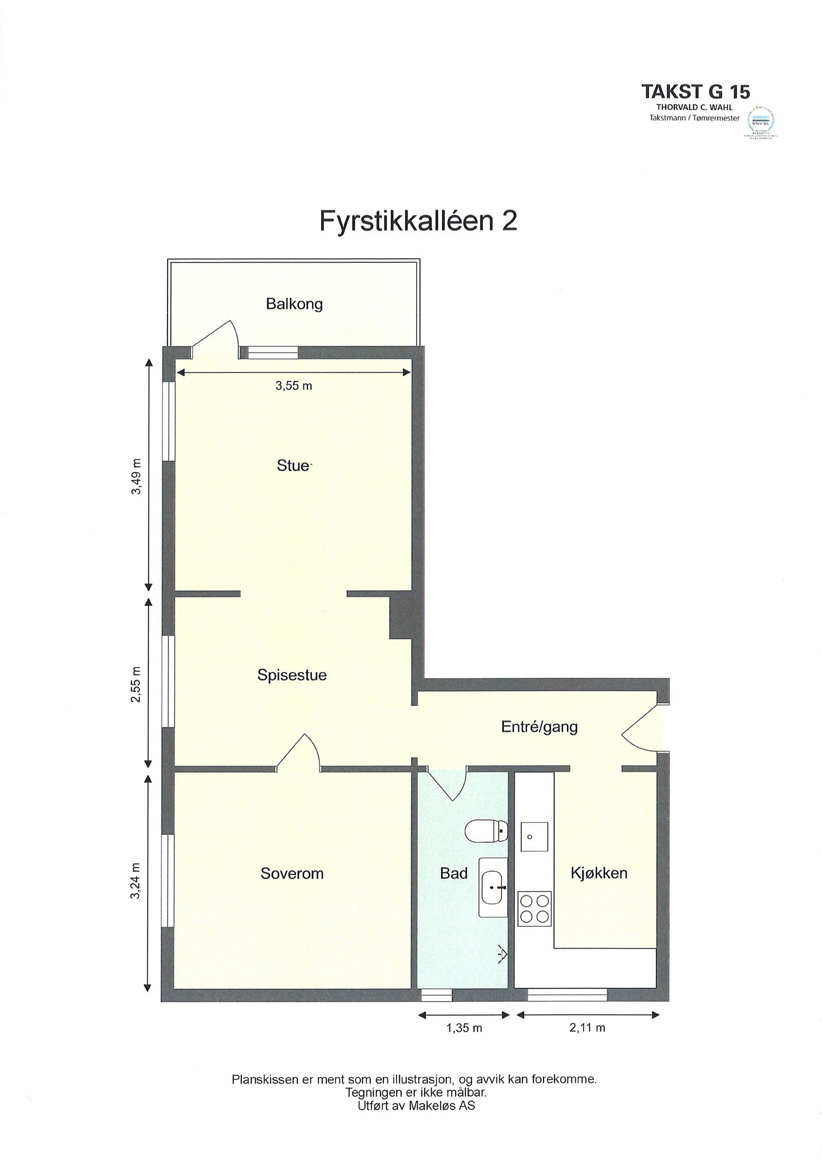 Planløsning. Leiligheten kan gjøres om til en treroms, enten ved å stenge av stua (perfekt for utleie) eller ved å flytte kjøkkenet. Galleribilde
