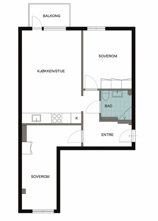 Alternativ planløsning, ved flytting av kjøkken. Galleribilde