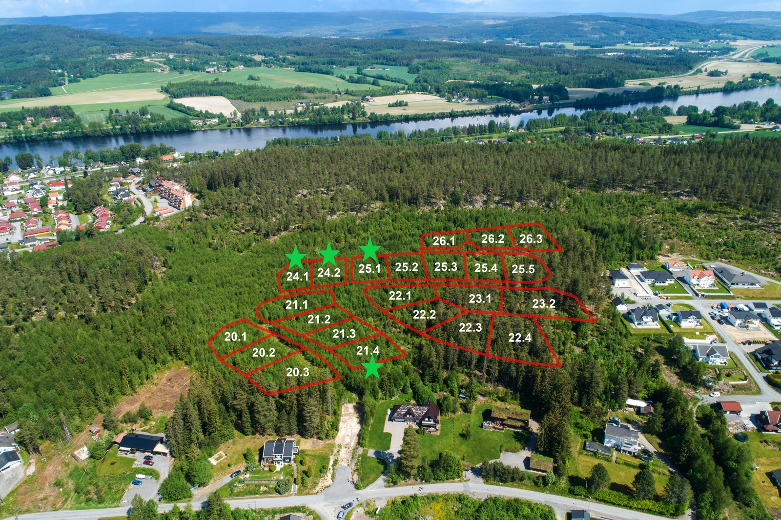 Oversiktsbilde med markering av våre tomter. Tomt 24.1 er solgt! Galleribilde