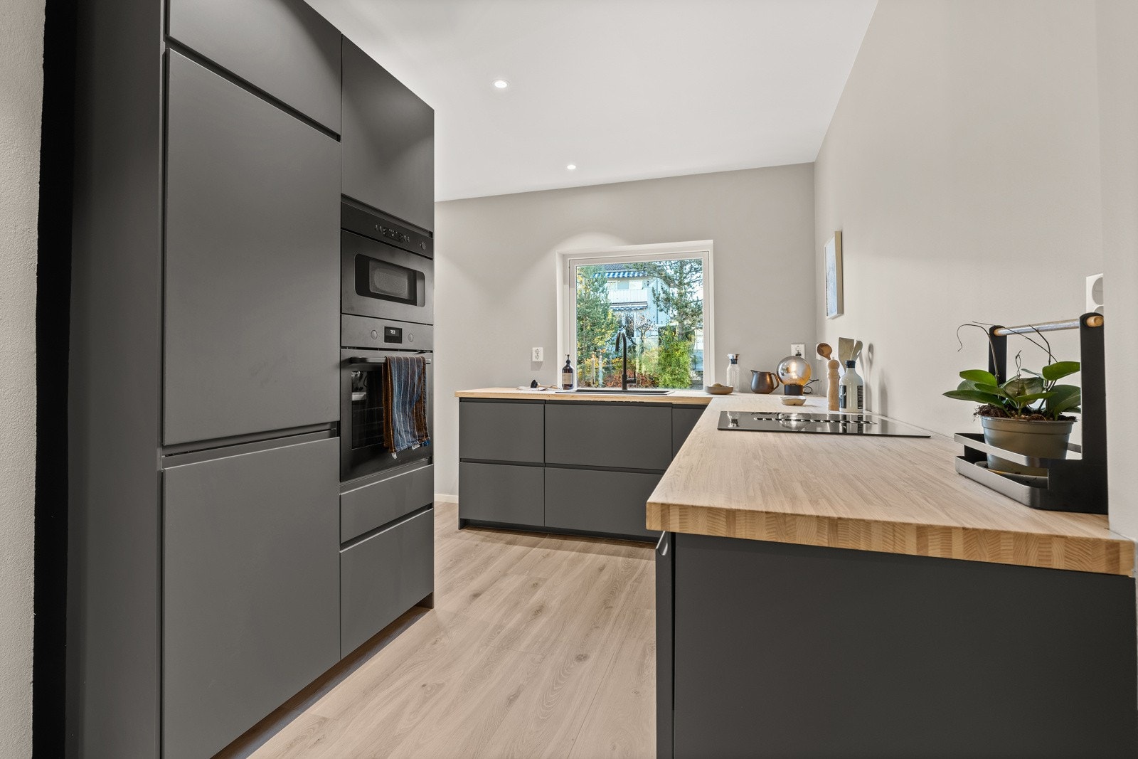 Induksjonstopp med kullfilterventiltaor, stekeovn, oppvaskmaskin, mikrobølgeovn og kjøl/frys er integrert i innredningen. Galleribilde