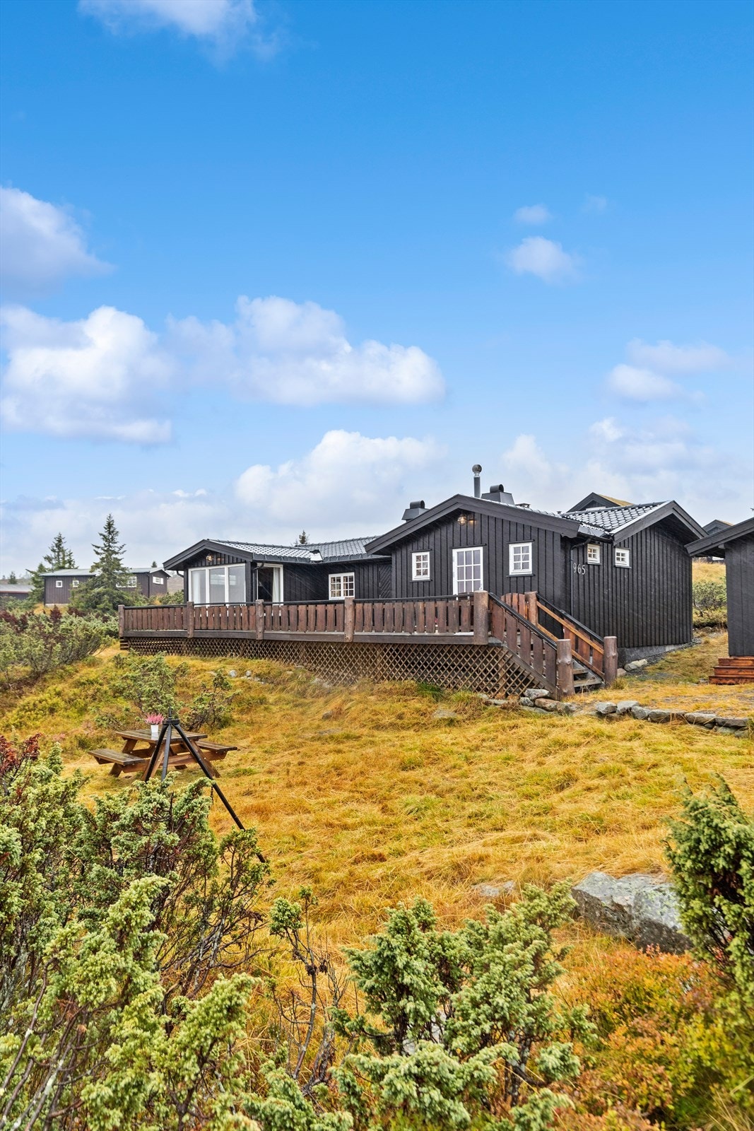 Fasaden av hytta, store vinduer gir godt med lys Galleribilde