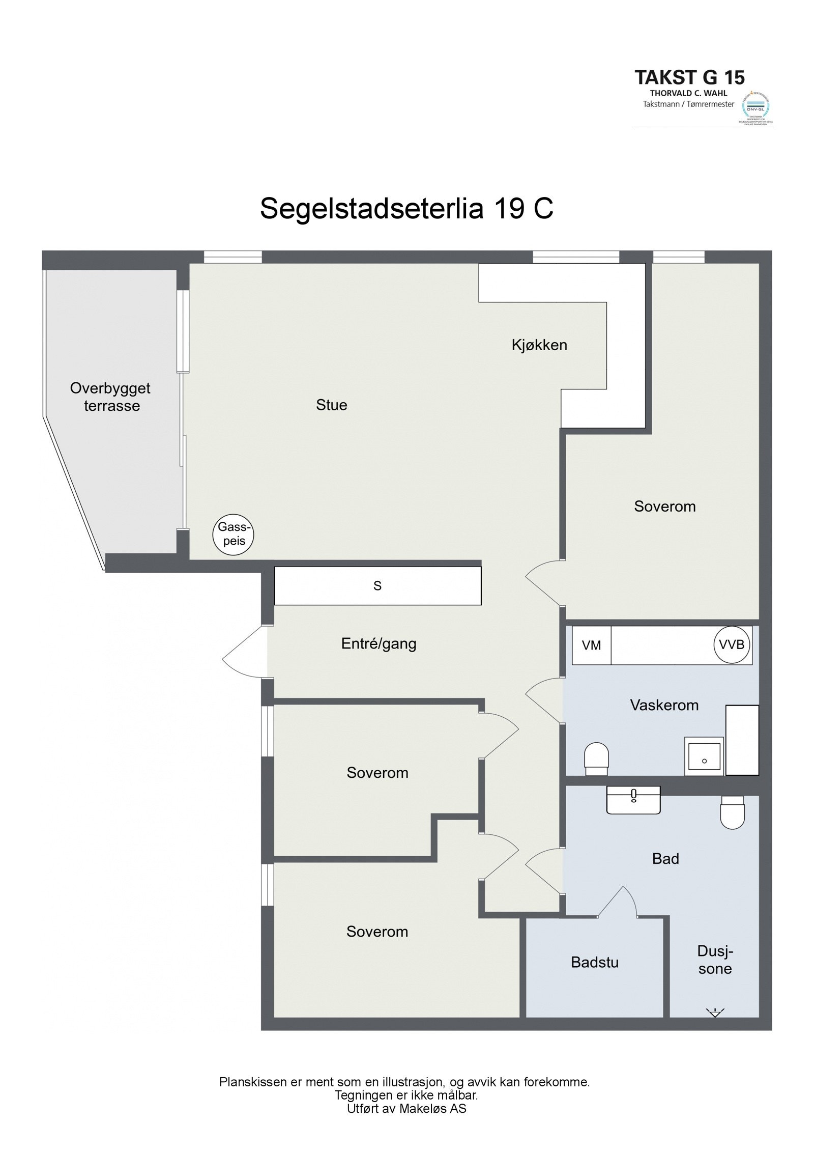 Plantegning. Det gjøres oppmerksom på at utearealet til leiligheten ikke er seksjonert som tilleggsdel til enheten og regnes derfor som fellesareal. Det påpekes at enheten ble solgt til dagens selger med tilhørende uteareal. Galleribilde