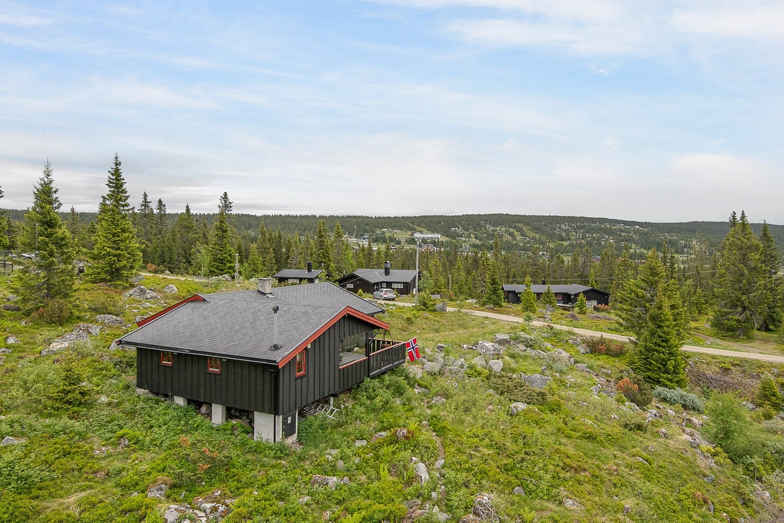 Sommervei fram til hytta. Om vinteren er det ca 10-15 minutter å gå fra brøytet parkeringsplass. Galleribilde
