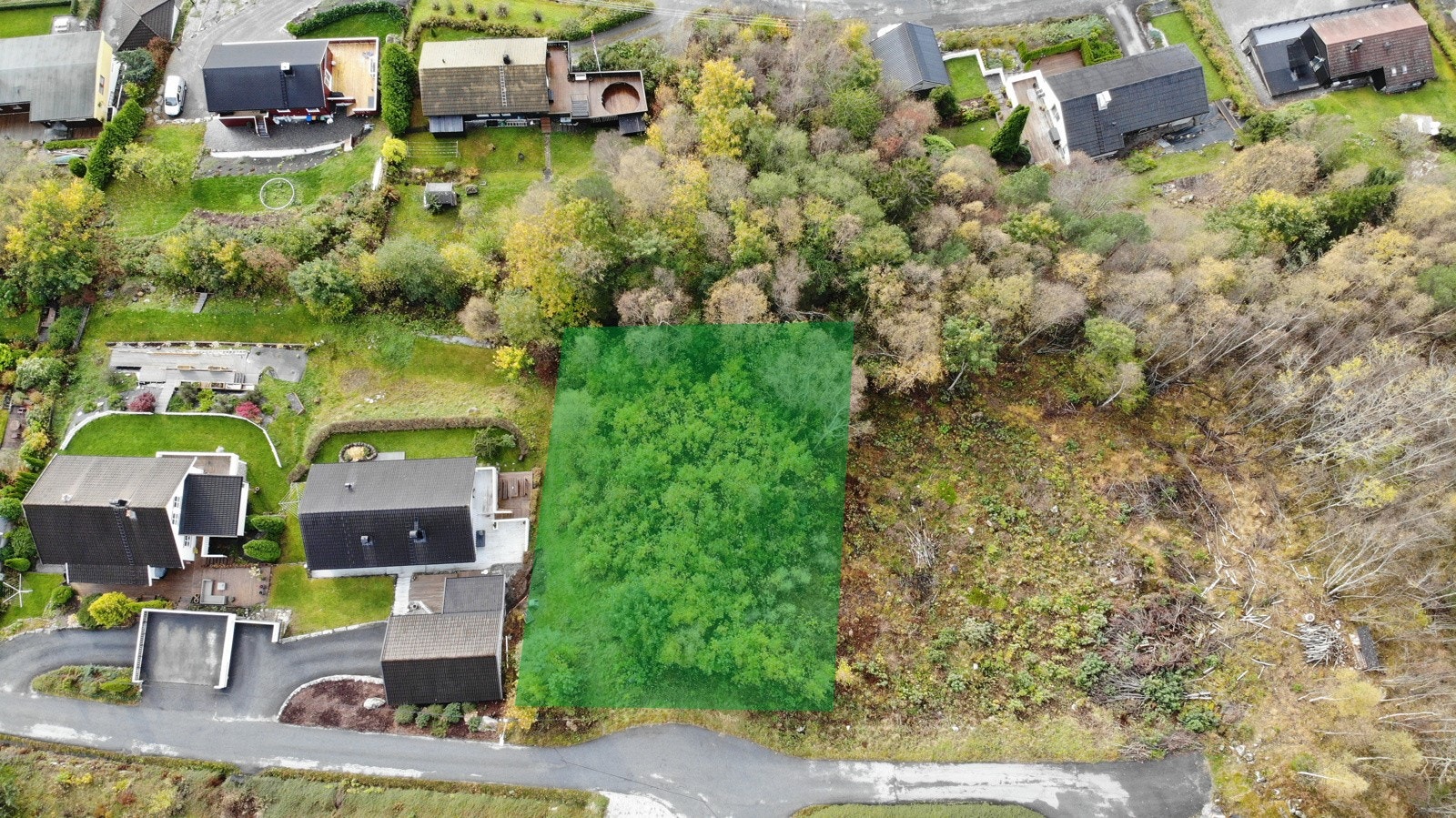 Velkommen til Reitehaugvegen 16. Bildet viser stipulerte tomtegrenser. Galleribilde