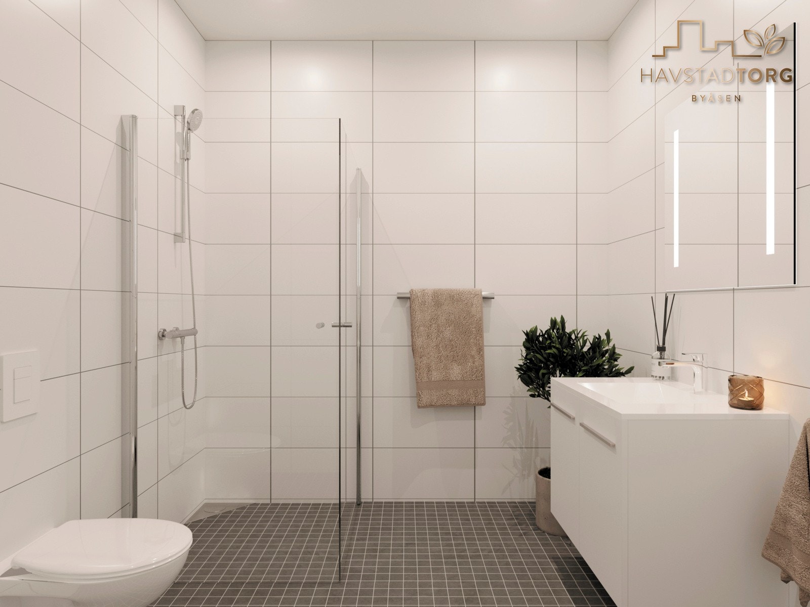 Flislagt bad med opplegg for vaskemaskin. Galleribilde