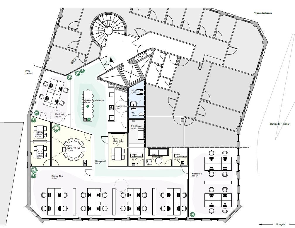 Ideskisse 2. Planløsning inndelt i flere kontorer. Galleribilde