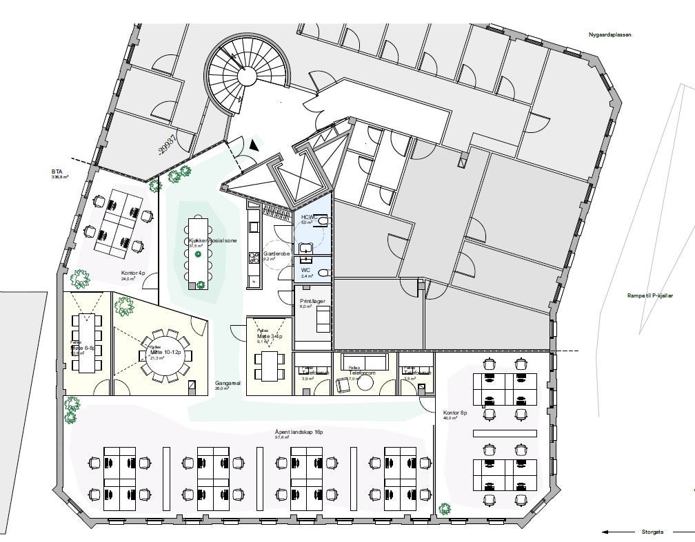 Ideskisse 3. Planløsning delvis åpent landskap, noen kontorer. Galleribilde