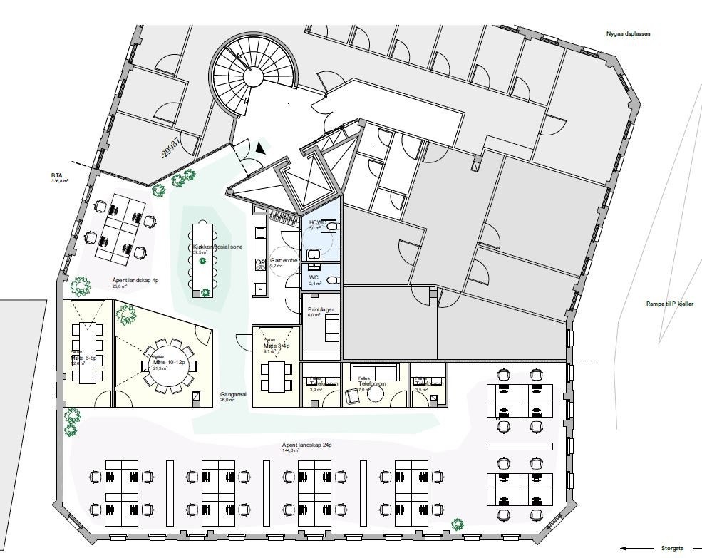 Ideskisse 1.Planløsning med helt åpent landskap. Galleribilde