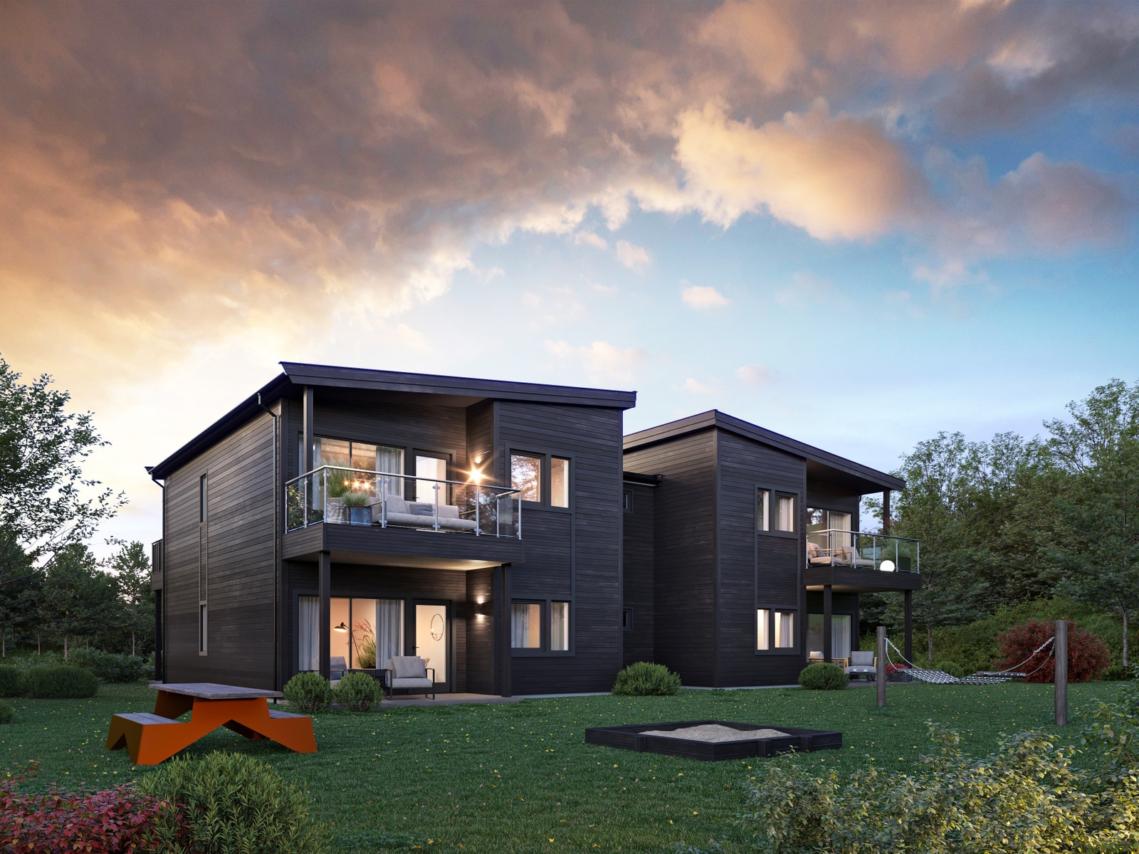 Leiligheten har alt du trenger på ett plan. Den ligger i første etasje til venstre på illustrasjonen. Galleribilde