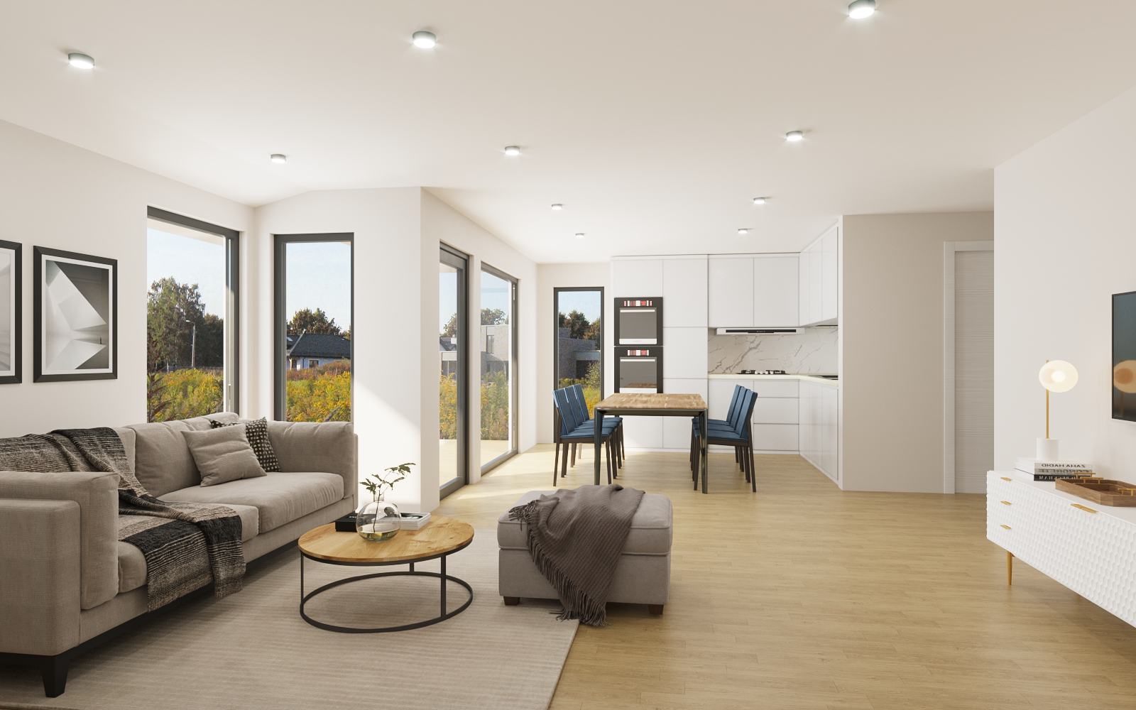 Illustrasjon. Åpen stue/kjøkkenløsning med store vinduer og terrassedør ut til hage. Galleribilde