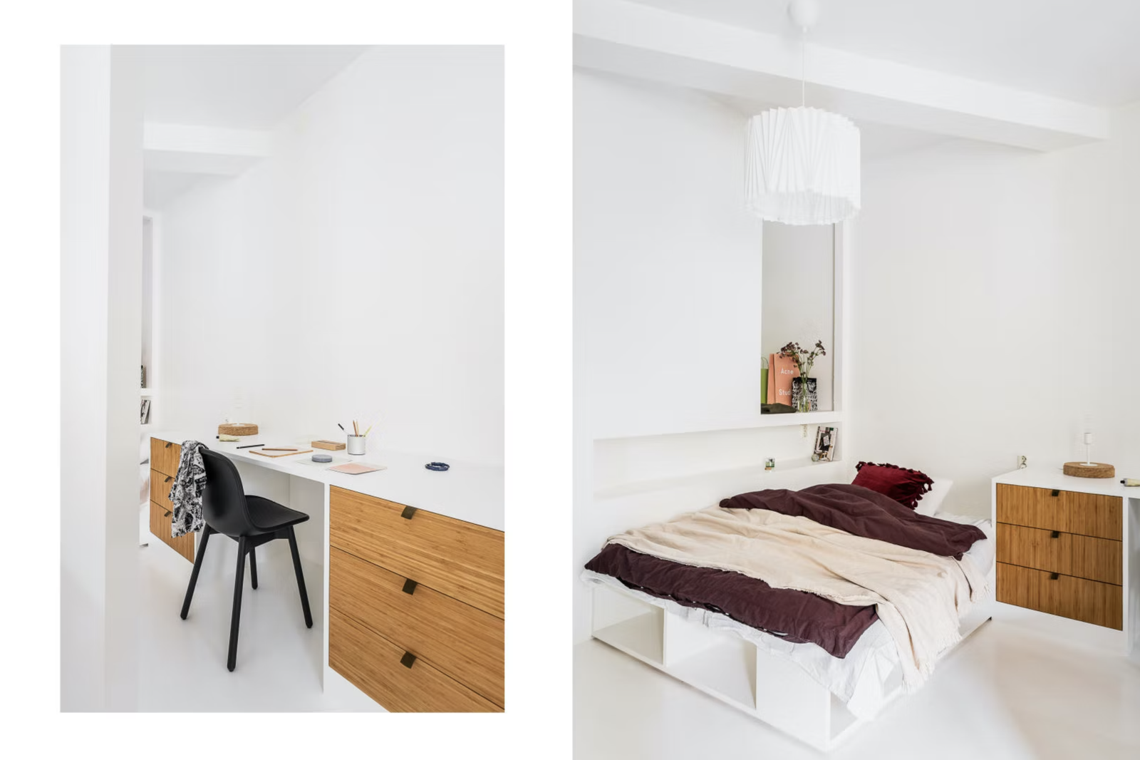 Plassbygde praktiske løsninger og bokhylle under seng. Senga er 140cm. Galleribilde