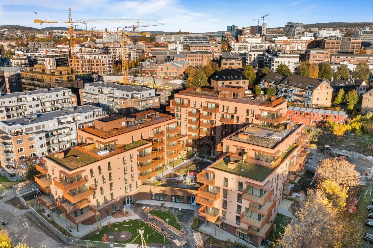 Oversikt over bygg og bakgård med utsikt mot Ensjø Galleribilde