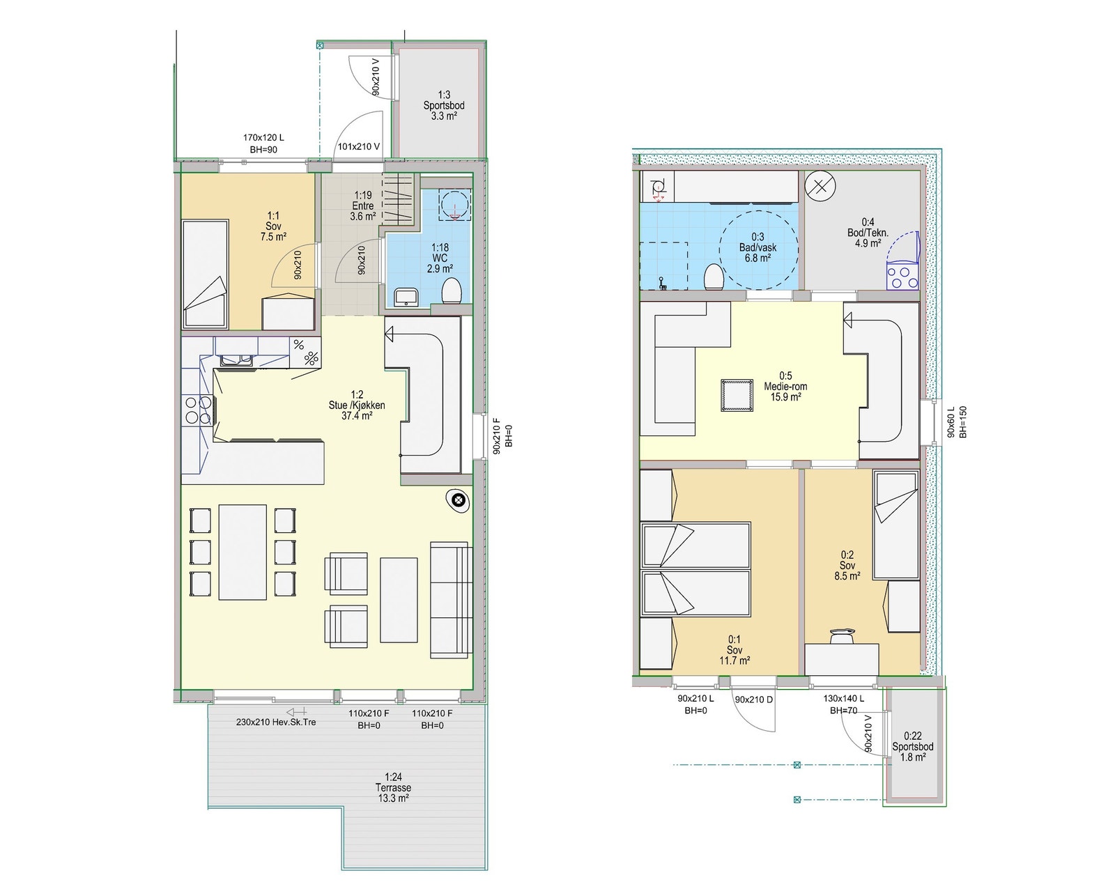 Nr 57: BRA ink. sportsbod: 50,7+1,7+53,3+3,3=109m2
P-rom=109-1,7-3,3-4,9=99,1m2
Balkong=13,3m2
Terrasse=8,9m2 Galleribilde