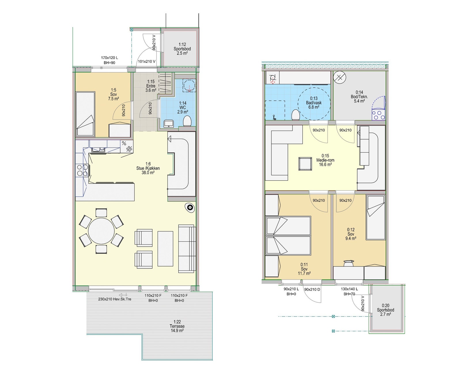 Nr 61: BRA ink sportsbod:54+2,5+52,8+2,6=111,9m2
P-rom=111,9-2,5-5,4-2,6=101,4m2
Balkong=14,9m2
Terrasse=9,3m2 Galleribilde