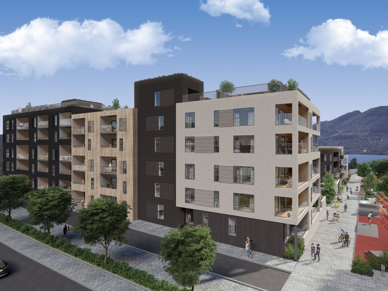 Mot vest glir gårdsplassen over i Leikeløypa, den grønne minioasen som er en del av Knarviks byvisjon. Leikeløypa er en fin miks av gangvei og lekeområde, med vannlek, hinderløype, klatrestativ og sosiale soner. Galleribilde