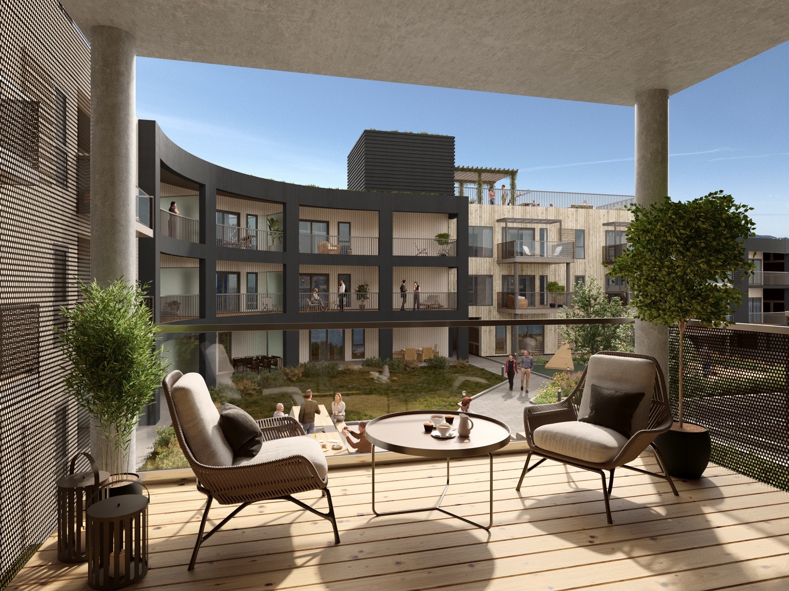 Her kan man leve det gode liv! Alle leilighetene har gode og private balkonger. Illustrasjonsbilde fra A206. Galleribilde