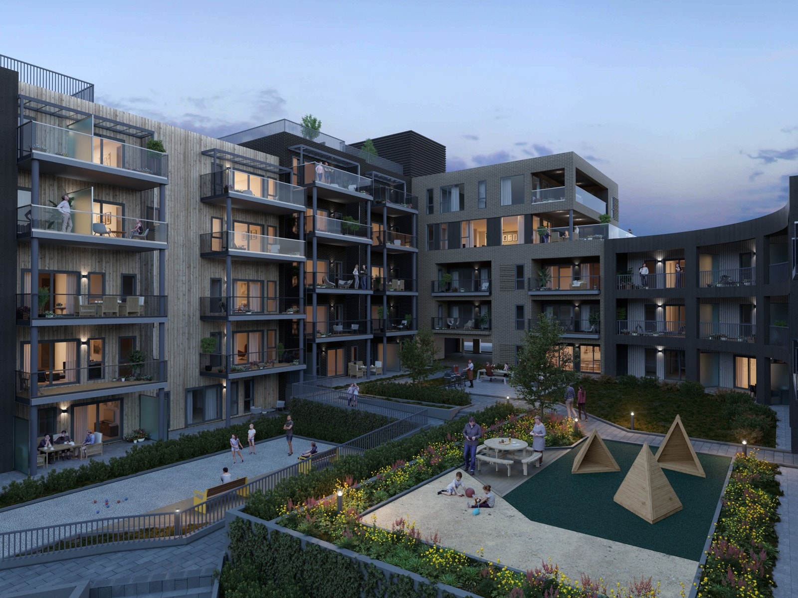 Et naturlig midtpunkt i Knarvik Allé er den store, åpne gårdsplassen mellom leilighetene. Grønt og åpent tun med bocciabane, samlingssone, sitte- og lekeplass. Galleribilde