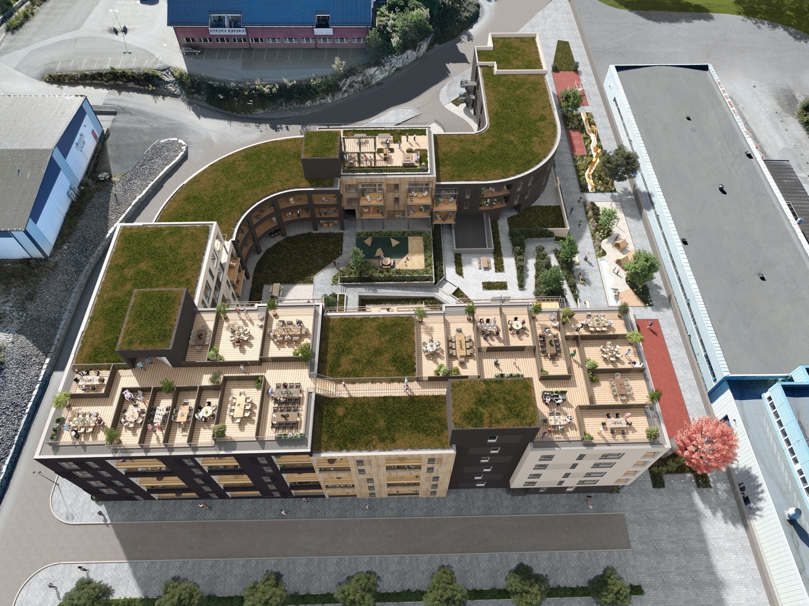 På taket får beboerne store, felles takterrasser, med ulike oppholdssoner og utekjøkken. Galleribilde